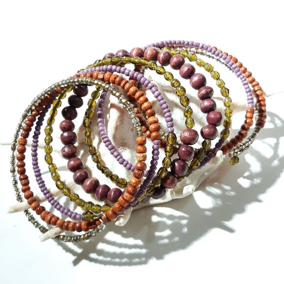 Beaded Memory Bead Cuff Bracelet Wood Glass Boho Exotic - Picture 4 of 5